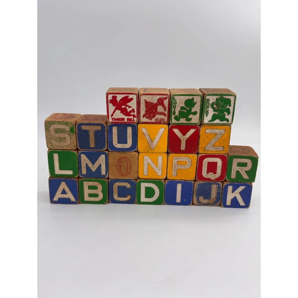 21 Vintage Wooden Alphabet Pictorial Blocks Disney Characters 1.8 Inch Nursery